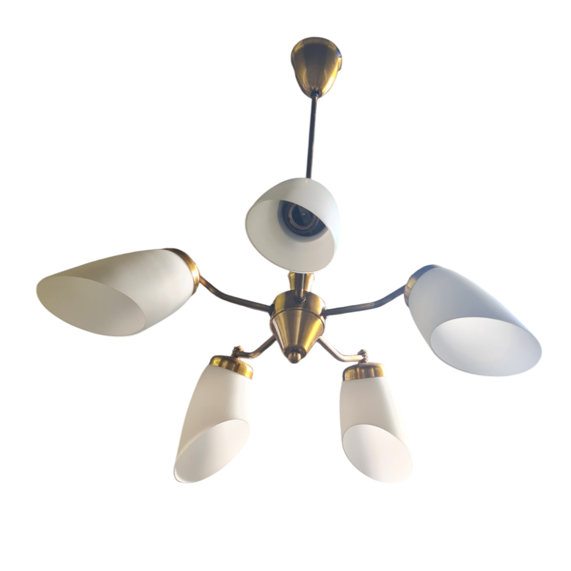 Flot retro lysekrone med 5 blus | Dansk lampeproducent | Messing & Opalglas