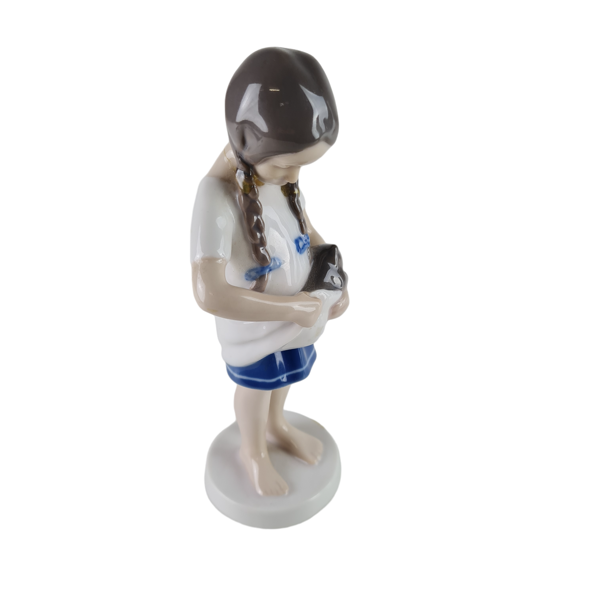 Homco 1424 Girl with Blue Bird and Cage Porcelain Figurine Green dress  pigtails