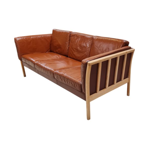 3 Personers tremmesofa | Dansk design | Bøg & rødbrunt læder