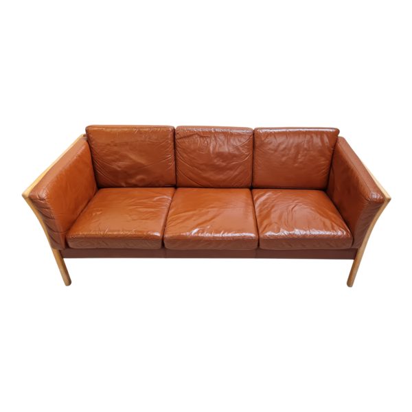 3 Personers tremmesofa | Dansk design | Bøg & rødbrunt læder