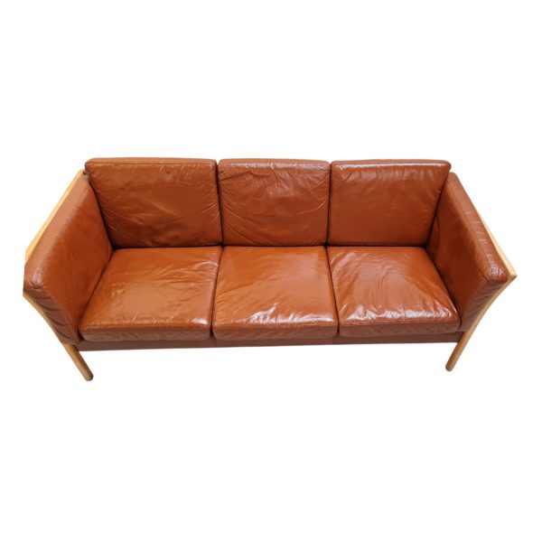 3 Personers tremmesofa | Dansk design | Bøg & rødbrunt læder