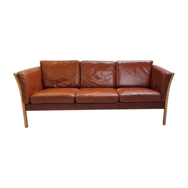 3 Personers tremmesofa | Dansk design | Bøg & rødbrunt læder
