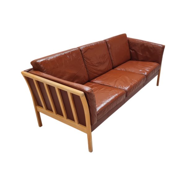 3 Personers tremmesofa | Dansk design | Bøg & rødbrunt læder