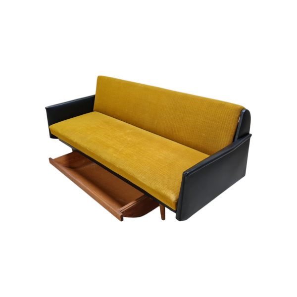Daybed med underliggende skuffe | Dansk design | Udført i uld og sort kunstlæder